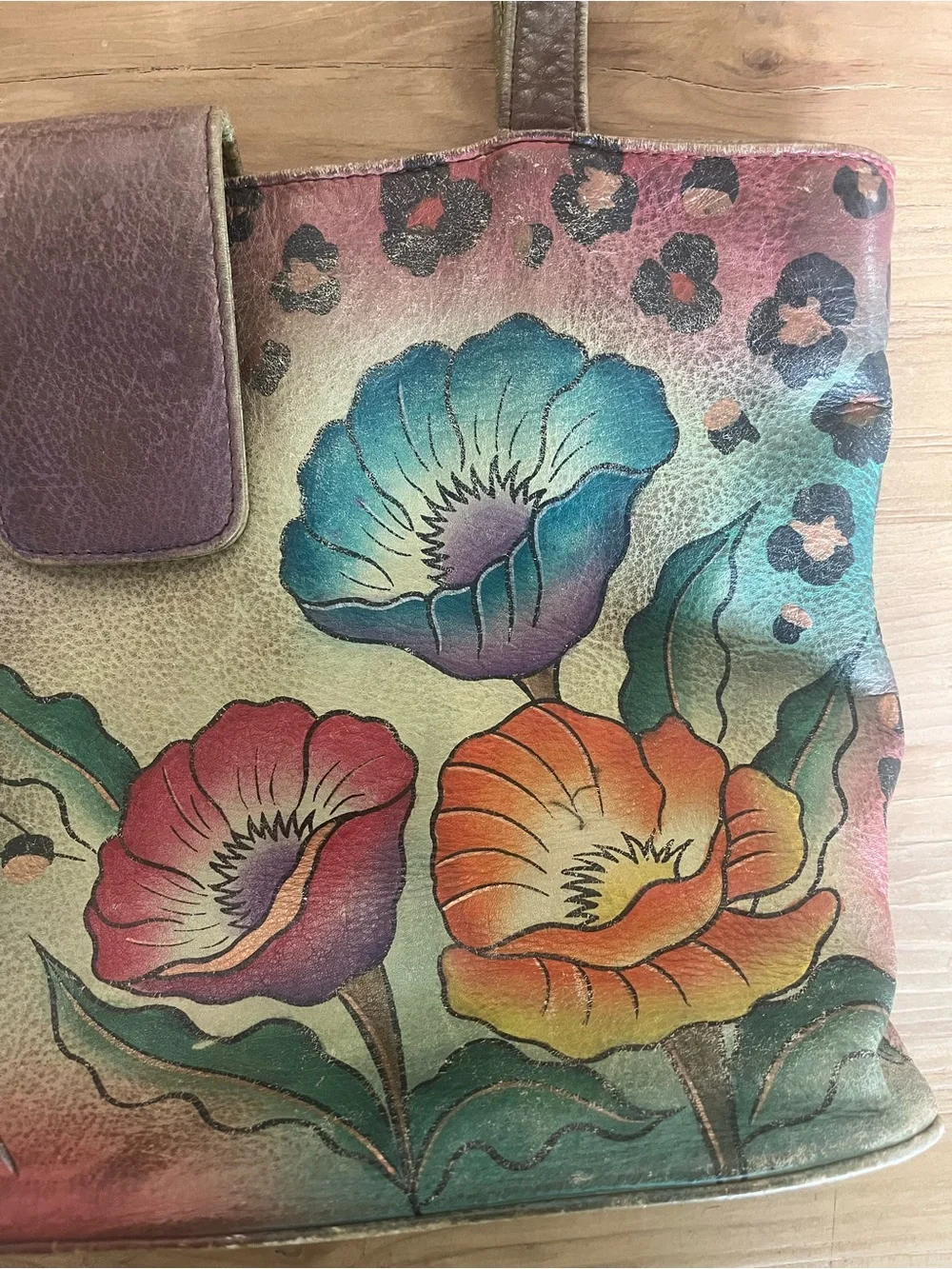 Anuschka Hand-Painted Authentic Leather Bag Tiger Stripes + Leopard Spots Y2K